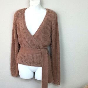 BeBe Mocha mousse fuzzy long-sleeve wrap sweater with tie sz M